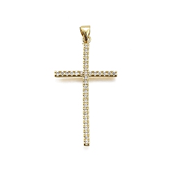 Настоящее золото 18K Латунные микро проложить кубического циркония подвески, крестик, долговечный, без свинца и без кадмия, стойки покрытие, реальный 18 k позолоченный, 40x22x2 мм, отверстие : 3.5x4.5 мм