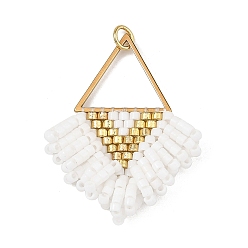 Blanc 304 Pendentifs à franges en acier inoxydable et perles de verre, charmes de triangle, avec anneau de saut, or, blanc, 37x29x5.5mm, Trou: 3mm