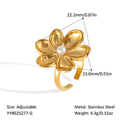 Настоящее золото 18K 304 Кольцо-манжета из нержавеющей стали в виде цветка для женщин, с имитацией жемчуга, реальный 18 k позолоченный, внутренний диаметр: регулируемый