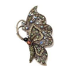 Colorful Retro Alloy & Glass Rhinestone Lapel Pin Brooches, Butterfly, Antique Golden, Colorful, 96x53mm