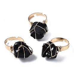 Обсидиан Регулируемые кольца из натурального обсидиана, с выводами из латуни свет золота, самородки, размер США 8 1/4 (18.3 мм)