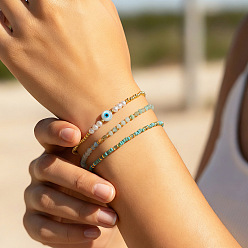 Бирюза 3шт. 3 стильные браслеты из латуни, стекла и бусин из натурального зеленого авантюрина, Браслет с подвеской «злой глаз» для женщин, бирюзовые, 6.89 дюйм (17.5 см) ~ 11.02 дюйм (28 см)