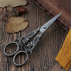 Черный Цвет Металла Сплав цветочного узора с ножницами из нержавеющей стали, ножницы для вышивания, швейные ножницы, металлический черный , 145x60 мм