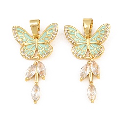 Verde Claro Colgantes de latón con circonitas cúbicas transparentes y esmalte., encantos de la mariposa, real 18 k chapado en oro, verde claro, 30x16.5x3.5 mm, agujero: 5x4 mm