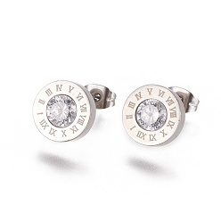 Stainless Steel Color 304 Stainless Steel Rhinestone Stud Earrings, with Ear Nuts/Earring Back, Flat Round with Roman numerals, Stainless Steel Color, 11x3mm, Pin: 0.6mm, 6pairs/card