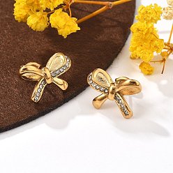 Настоящее золото 18K 304 Серьги-гвоздики из нержавеющей стали с прозрачным фианитом и микропаве, бантом, реальный 18 k позолоченный, 11.5x15.5 мм