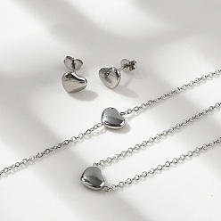 Нержавеющая Сталь Цвет Комплекты ювелирных изделий из нержавеющей стали, устойчивые к потускнению, подвесные ожерелья и серьги и браслеты, сердце, цвет нержавеющей стали, 304 дюйм (16.93 см), 43 дюйм (6-3/4 см), 17 мм, штифты : 7x9x2.5 мм