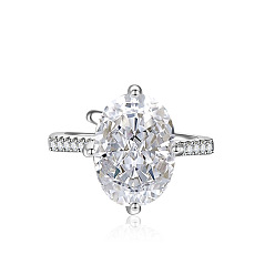 Прозрачный Латунные микропаве кубические цирконии манжеты открытые кольца для женщин, овальные, платина, прозрачные, внутренний диаметр: регулируемый