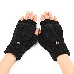 Black Acrylic Fiber Fingerless Gloves, Winter Warm Gloves, Half Capped 2 in 1 Combo Mitten, Black, 180x120mm