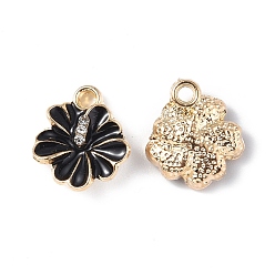 Schwarz Legierung Emaille Reize, mit Strass, Licht Gold, Blumencharme, Schwarz, 14x12x4 mm, Bohrung: 1.6 mm