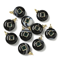 Полосатый Агат Подвески из натурального черного полосчатого агата, плоские круглые подвески с латунной микрофиброй и фианитами, долговечный, стойки покрытие, реальный 18 k позолоченный, без кадмия и без свинца, окрашенная и подогревом, 18~18.5x12.5~13x5.5~6.5 мм, отверстие : 2.5 мм