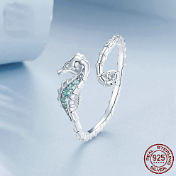 Платина 925 регулируемые открытые манжеты из стерлингового серебра с микропаве из кубических цирконий для женщин, морской конек, родий, платина, внутренний диаметр: регулируемый