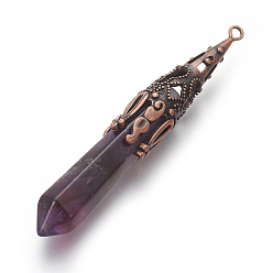 Amethyst Natural Amethyst Pointed Pendants, with Red Copper Tone Brass Findings, Bullet, 76~82x12mm, Hole: 2mm