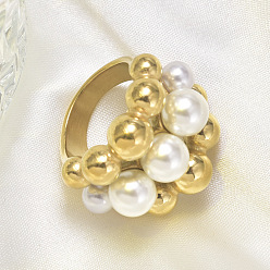 Золотой 316l хирургическая нержавеющая сталь с круглыми бусинами из ракушечного жемчуга для женщин, золотые, размер США 6 (16.5 мм)