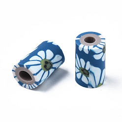 Steel Blue Handmade Polymer Clay Beads, Column with Jewelry Crafts Pattern, Steel Blue, 11x6~7.5mm, Hole: 2~3mm