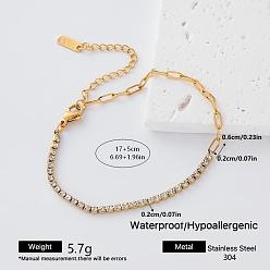 Golden 304 Stainless Steel Crystal Rhinestone Tennis Chain Paperclip Chain Bracelets for Women, Golden, 6.69 inch(17cm)