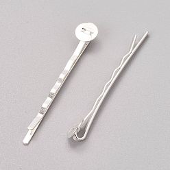 Silver Iron Hair Bobby Pin Findings, Silver Color Plated, Size: about 2mm wide, 52mm long, 2mm thick, Tray: 8mm in diameter, 0.5mm thick