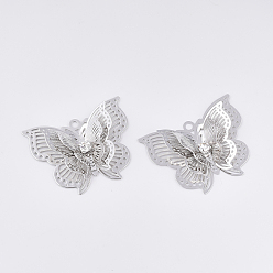 Platinum Brass Pendants, with Crystal Rhinestone, Butterfly, Platinum, 24x30x7mm, Hole: 1.8mm