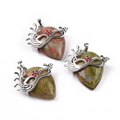 Unakite Natural Unakite Pendants, Teardrop with Mask Charms, with Rack Plating Platinum Plated Brass Ruby Rhinestone Findings, 37~37.5x34.5~36x10~11mm, Hole: 6x4mm