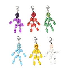 Mixed Color Skeleton Synthetic Turquoise & Glass Seed Beads Pendant Decorations, with 304 Stainless Steel Lobster Claw Clasps, Mixed Color, 58mm, about 6pcs/set