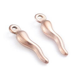 Rose Gold Ion Plating(IP) 304 Stainless Steel Pendants, Horn of Plenty/Italian Horn Cornicello Charms, Rose Gold, 17.5x4.5x3.5mm, Hole: 1mm