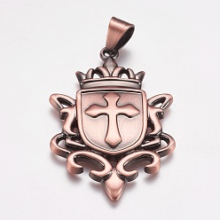 Красная Медь 304 подвески из нержавеющей стали, щит с крестом, Красная медь, 56x36x4 мм, отверстие : 7x9 мм