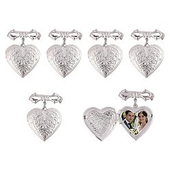 Platinum 6Pcs Heart & Bowknot Brass Locket Brooches, Platinum, 42mm