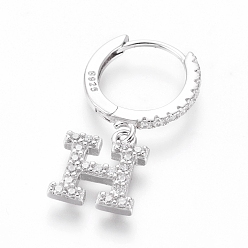 Letter H Rhodium Plated 925 Sterling Silver Hoop Earrings, Dangle Earrings, with Cubic Zirconia, with S925 Stamp, Letter, Clear, Platinum, Letter.H, 20mm, Pendants: about 8.8x7.8x1.5mm, Pin: 0.6mm
