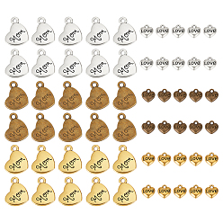 Mixed Color 60pcs 6 Styles Tibetan Style Alloy Pendants, Heart with Love & Mom Word Charms, Mixed Color, 8~16x8~18x2.5~3mm, Hole: 1~2mm, 10pcs/style