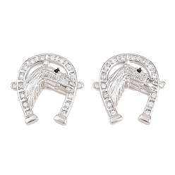 Platinum Brass Micro Pave Clear Cubic Zirconia Connector Charms, Horseshoe with Horse Links, Platinum, 24x24x4.5mm, Hole: 1.2mm