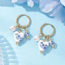 Золотой Сердце 304 нержавеющей стали серьги обруча, с фарфоровыми бусинами и бусинами из культивированного пресноводного жемчуга, золотые, 44 мм