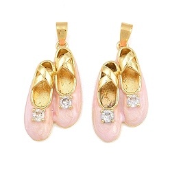 Pink Латунные микропаве прозрачные подвески с фианитом, с эмалью, балетки прелести, реальный 18 k позолоченный, розовые, 25x13.5x6.5 мм, отверстие : 5x3 мм