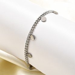 Нержавеющая Сталь Цвет 304 из нержавеющей стали плоские круглые шарм браслеты, браслеты с цепочками для женщин, цвет нержавеющей стали, 6-3/4 дюйм (17.2 см) в длину + 32 удлинитель мм
