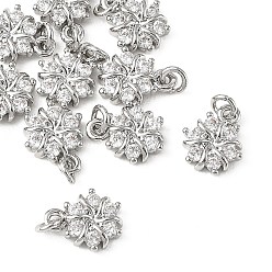 Platinum SHEGRACE Brass Micro Pave Clear Cubic Zirconia Pendants, Cadmium Free & Nickel Free & Lead Free, Flower Charms, Platinum, 10.5x9x2.5mm, , Jump Ring: 4x1mm, Inner Diameter: 2mm