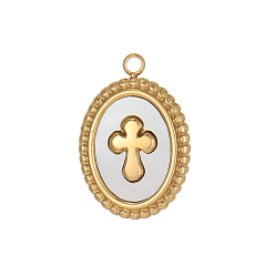 Настоящее золото 14K 304 подвески из нержавеющей стали, овальные с поперечными прелести, с оболочкой, ионное покрытие (ip), реальный 14 k позолоченный, 17x13 мм