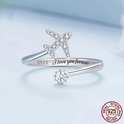 Платина Кольца-манжеты в виде самолета и цветка с родиевым покрытием из стерлингового серебра с микропаве из прозрачных кубических цирконий для женщин, словом я тебя люблю навсегда, платина, внутренний диаметр: регулируемый