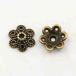 Antique Bronze Tibetan Style Alloy Bead Caps, Lead Free and Cadmium Free, Flower, 6-Petal, Antique Bronze, 9.5x10x3mm, Hole: 1.5mm