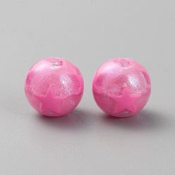 Hot Pink Acrylic Round Beads, Star Pattern, Hot Pink, 15.5x15mm, Hole: 2.7mm