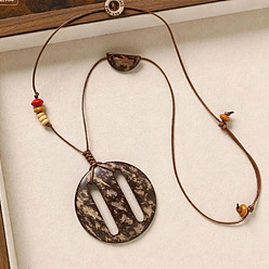 Flat Round Natural Coconut Pendant Adjustable Leather Cord Long Necklaces with Wood Beads, Coconut Brown, Flat Round, 31.50 inch(80cm), Pendant: 55mm