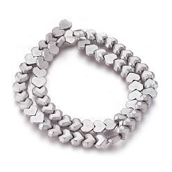 Platinum Plated Electroplated Non-magnetic Synthetic Hematite Beads Strands, Frosted, Heart, Platinum Plated, 8x7x3mm, Hole: 0.8mm, about 65pcs/strand, 15.94 inch(40.5cm)