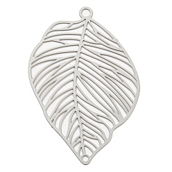 Stainless Steel Color 201 Stainless Steel Pendants, Etched Metal Embellishments, Leaf Charm, Stainless Steel Color, 37x24x0.2mm, Hole: 1.8mm