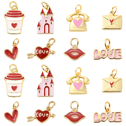 Mixed Color 16Pcs 8 Styles Valentine's Day Brass Enamel Pendants, Real 18k Gold Plated, Mixed Color, 7.5~17.5x7~14x1~2.5mm, Hole: 2.5~3.5mm, 2pcs/style
