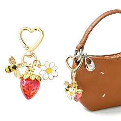 Red Resin Strawberry Pendant Decorations, with Heart Alloy Clasps, for Bag Ornaments, Red, 71x26mm