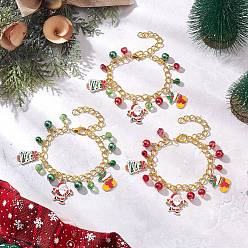 Couleur Mélangete 3pcs 3 couleurs bracelets à breloques en alliage émaillé de Noël, plaqué longue durée, Bracelets à breloques rondes en laiton plaqué sous vide PVD avec cloche et perles de verre, avec alliage de zinc homard fermoirs pince, couleur mixte, 9-1/4~9-3/8 pouce (23.6~23.8 cm), 1 pc / couleur