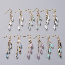(52) Непрозрачная лаванда Гальваническая непрозрачная сплошная капля, стеклянные бусины болтаются серьги, с цепочками из латунных звеньев и крючками для сережек, реальный 18 k позолоченный, разноцветные, 72 мм, штифты : 0.7 мм