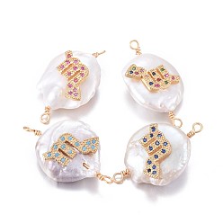 Scorpio Natural Pearl Links connectors, with Brass Micro Pave Cubic Zirconia Findings, Flat Round with Constellation, Golden, Mixed Color, Scorpio, 20~26x9~17x5~11mm, Hole: 1.6mm