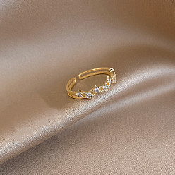 Золотой Латунные кольца-манжеты с микропаве из прозрачных кубических цирконий, звезда, золотые, внутренний диаметр: регулируемый