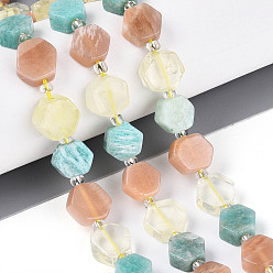 Смешанные камни Нити из бусин из натурального лимонного кварца, амазонита и солнечного камня в форме цветка., шестиугольник, с бисером и картоном, 7.5~10x8.5~10.5x3.5~6 мм, отверстие : 0.7~1 мм, около 17~18 шт / нитка, 7.09~7.68 дюйм (18~19.5 см), 1 прядь / комплект