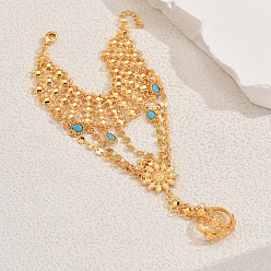 Золотой Браслеты в стиле бохо из сплава с подсолнухами и кольцами для пальцев, плоские пайетки цепочки браслеты для женщин, с синтетическими бирюзовый, золотые, 5-1/2 дюйм (14 см), внутренний диаметр: 6-7/8 дюйм (17.5 см), кольцо: 5/8 дюйм(1.6см)~3/4 дюйм(1.8см) внутренний диаметр