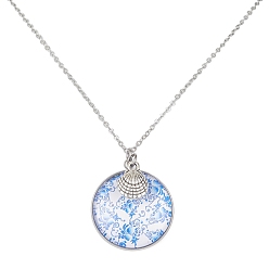 Shell Shape Steel Blue Glass Flat Round & Alloy Pendant Necklace, with 304 Stainless Steel Chains, Shell Shape, 18.35 inch(46.6cm)